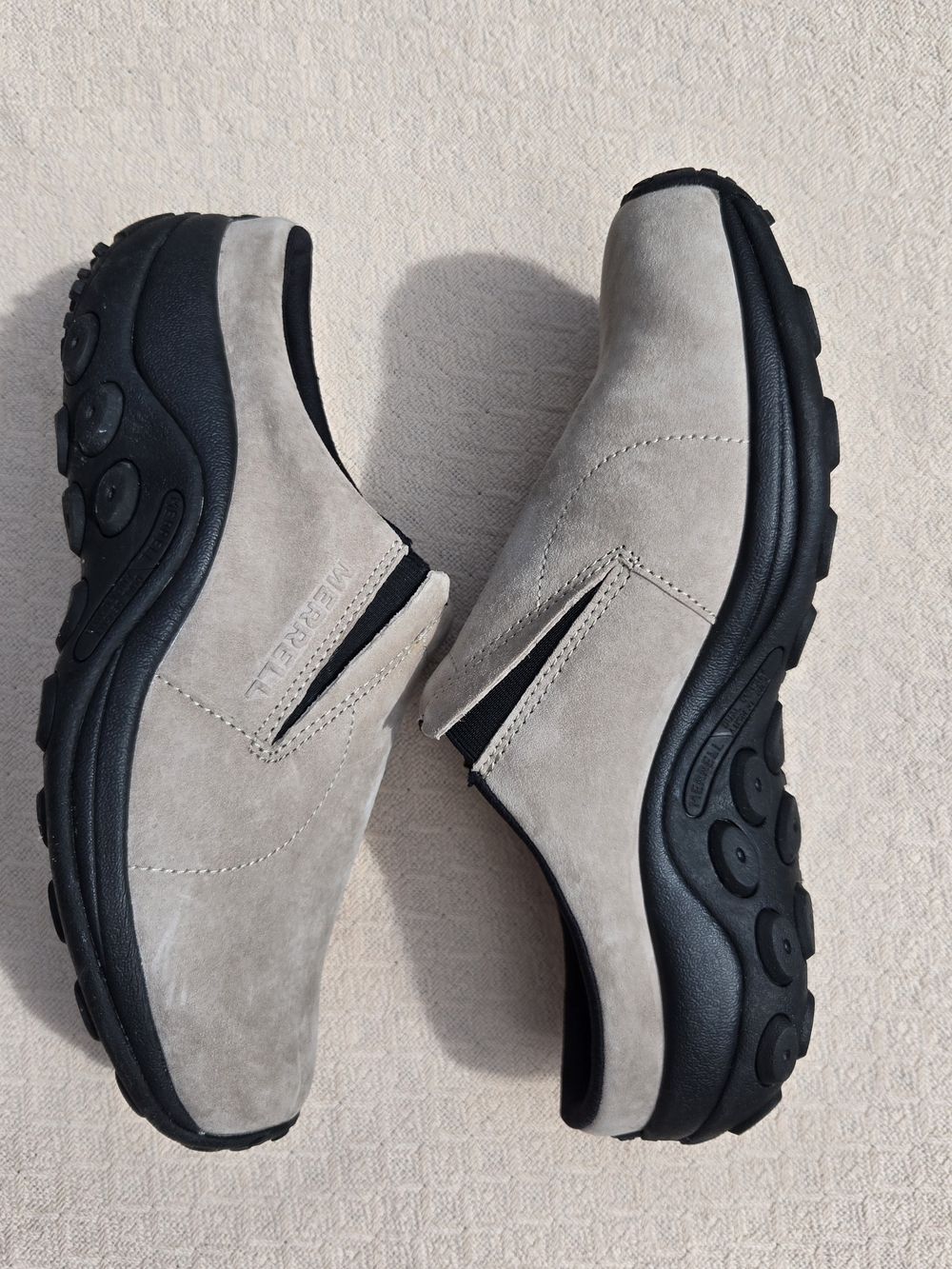 Merrell Suede Slip-On Loafers in Light Taupe and Black